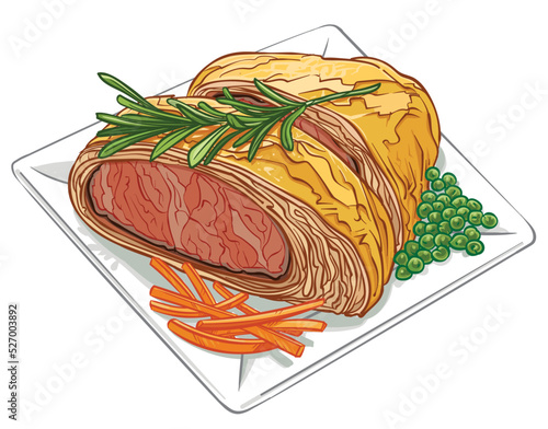 Beef Wellington accompanied with beans and carrot on a plate vector illustration isolated on white background.