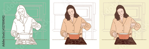 Young lady in orange shirt cooking in pot on the stove in the kitchen. Set of different styles hand drawn flat vector illustration isolated on colored background.