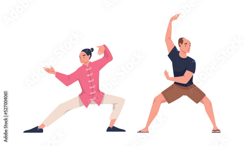 Man Character Practicing Tai Chi and Qigong Exercise as Internal Chinese Martial Art Vector Set