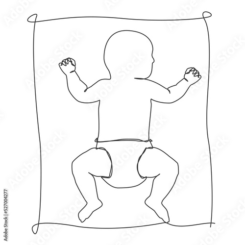 single line drawing of baby in diaper sleeping on its back, line art vector illustration