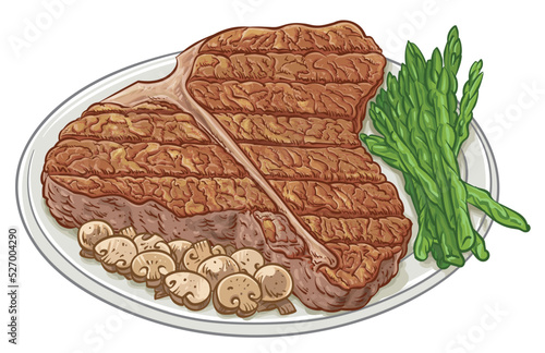 T-bone or porterhouse steak with mushrooms and asparagus on plate vector illustration isolated on white background.