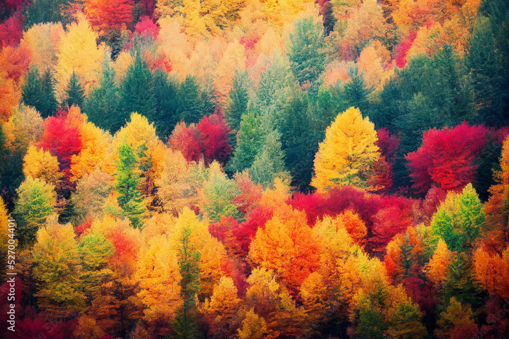 3D Illustration, selective focused, blurred, colorful fall forest landscape wallpaper.