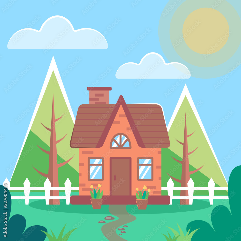 Small country house. Summer house and trees. Exterior of cozy house. Countryside life. Trees, house, fence, track, sun, bushes and grass vector illustration. Tiny brick home. 