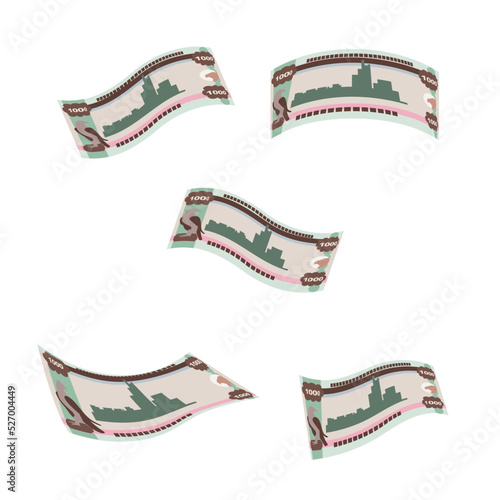 UAE Dirham Vector Illustration. United Arab Emirates money set bundle banknotes. Falling, flying money 1000 AED. Flat style. Isolated on white background. Simple minimal design.