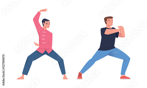 Man Character Practicing Tai Chi and Qigong Exercise as Internal Chinese Martial Art Vector Set