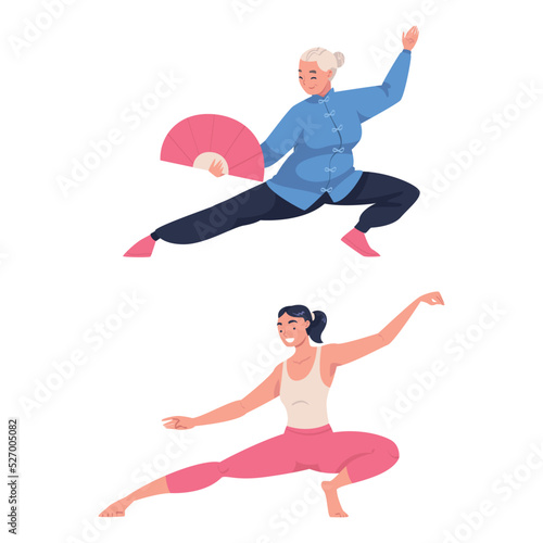 Woman Character Practicing Tai Chi and Qigong Exercise as Internal Chinese Martial Art Vector Set
