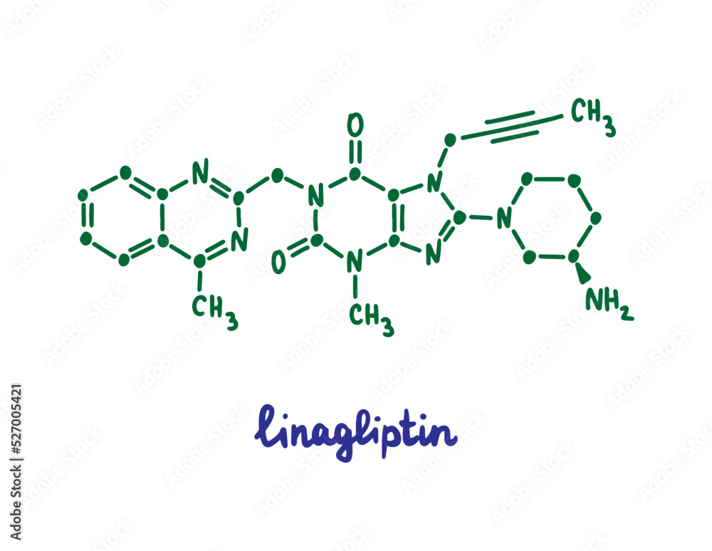 Obraz premium Linagliptin hand drawn vector formula chemical structure lettering blue green