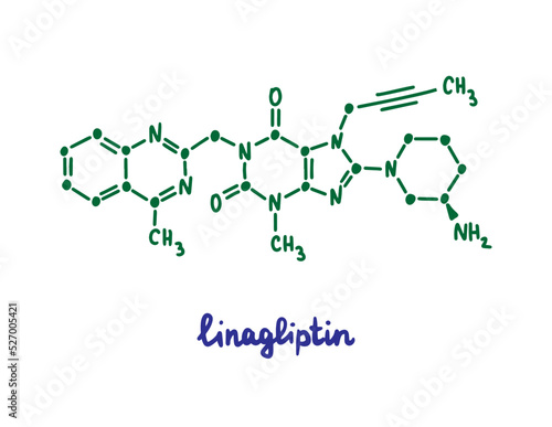 Linagliptin hand drawn vector formula chemical structure lettering blue green