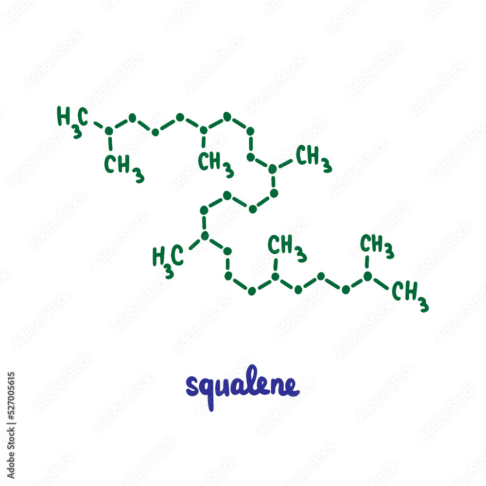 Squalene hand drawn vector formula chemical structure lettering blue green Squalene hand drawn vector formula chemical structure lettering blue green