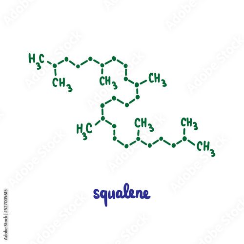 Squalene hand drawn vector formula chemical structure lettering blue green