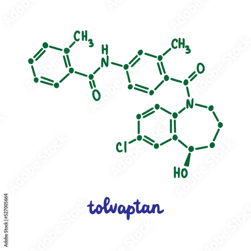 Tolvaptan hand drawn vector formula chemical structure lettering blue green