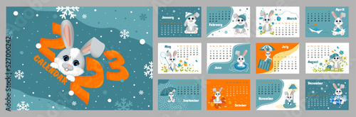 Fototapeta Naklejka Na Ścianę i Meble -  Calendar 2023 with symbol of the year hare (rabbit). . Week starts on Sunday. Set of 12 pages and cover in size A3, A4, A5. Vector illustration in horizontal format.