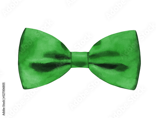 Watercolor green silk bowtie illustration. Hipster funny clothes accessories, costume, character creator decor fashion element isolated. Cute drawing clipart element cutout for man, woman, animal diy
