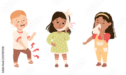 Sick Little Boy and Girl Feeling Unwell Suffering from Toothache and Runny Nose Vector Set