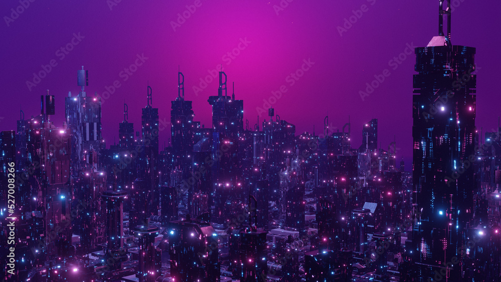 Downtown District Glowing Neon Town Banner Background 3d Illustration