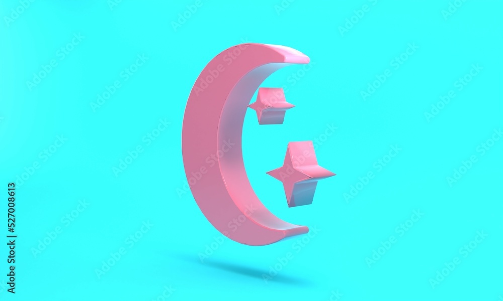 Pink Moon and stars icon isolated on turquoise blue background. Cloudy night sign. Sleep dreams symbol. Full moon. Night or bed time sign. Minimalism concept. 3D render illustration Pink Moon and stars icon isolated on turquoise blue background. Cloudy night sign. Sleep dreams symbol. Full moon. Night or bed time sign. Minimalism concept. 3D render illustration