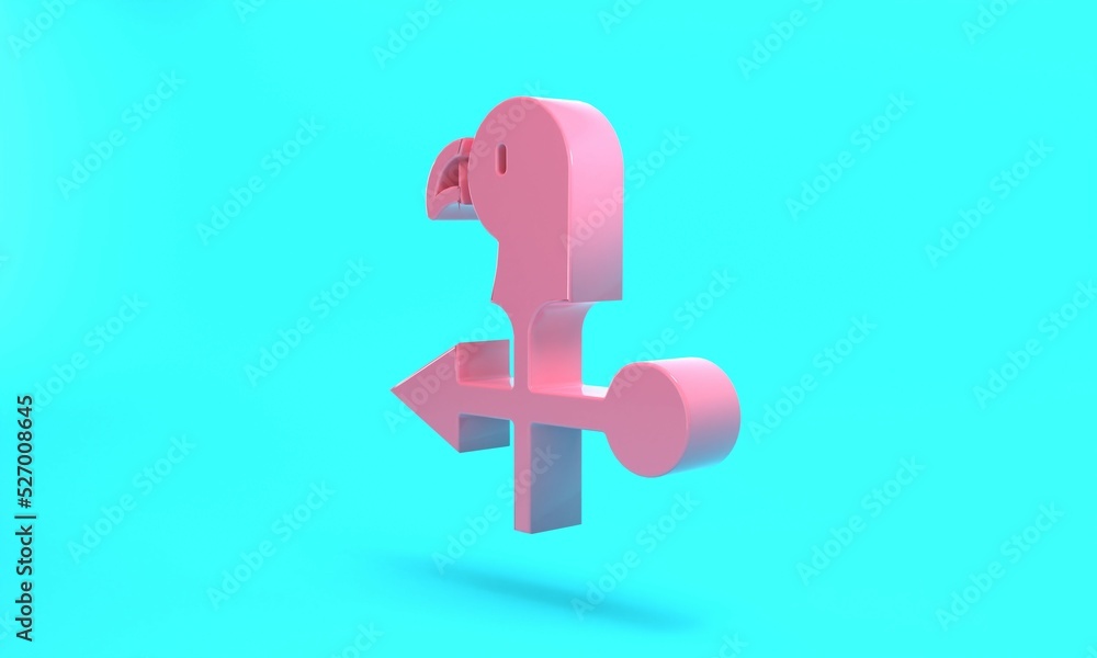 Obraz premium Pink Rooster weather vane icon isolated on turquoise blue background. Weathercock sign. Windvane rooster. Minimalism concept. 3D render illustration