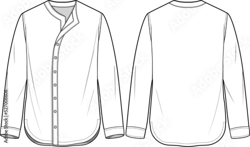 Henley Neck Full Placket Long Sleeve Shirt Front and Back View. Fashion Illustration, Vector, CAD, Technical Drawing, Flat Drawing, Template, Mockup.	