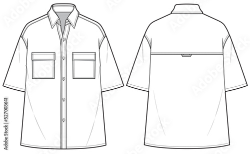 Boxy Loose Fit Oversized Half Sleeve Shirt Front and Back View. Fashion Illustration, Vector, CAD, Technical Drawing, Flat Drawing, Template, Mockup.