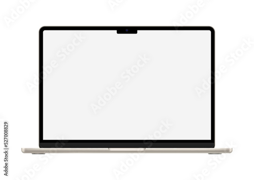Macbook air starlight notebook with m2 chip, starlight color empty screen laptop computer design vector.