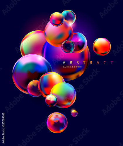 Colorful iridescent balls on dark background. Bright luminescent glass bubbles.