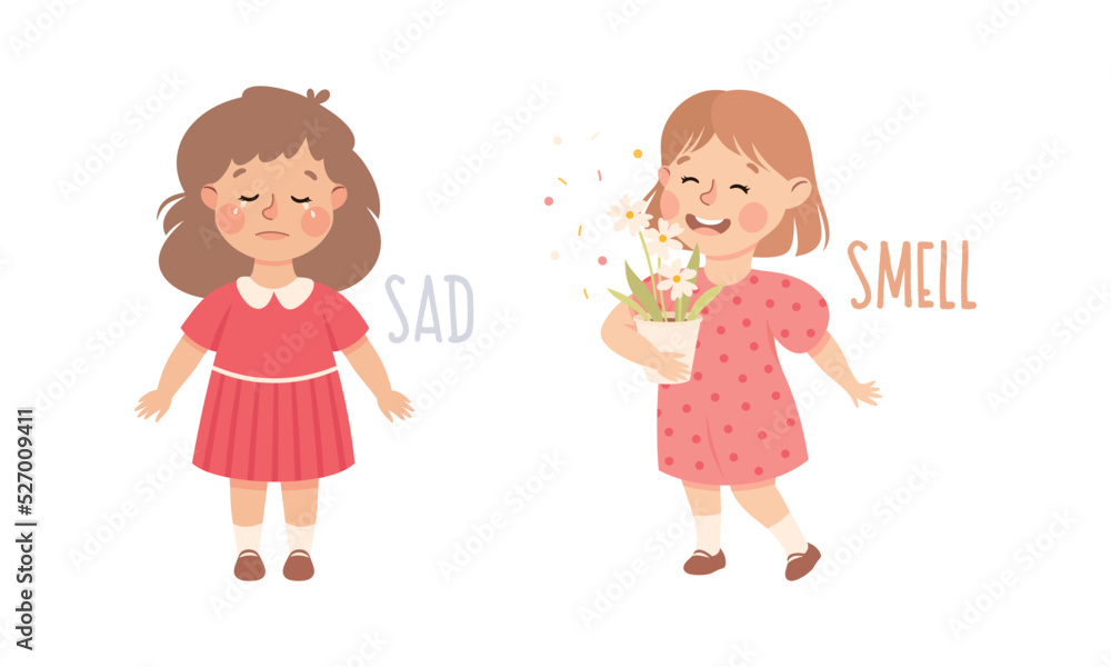 Little Girl Showing Sense Sad Crying and Smelling Flowers in Flowerpot Vector Set Little Girl Showing Sense Sad Crying and Smelling Flowers in Flowerpot Vector Set