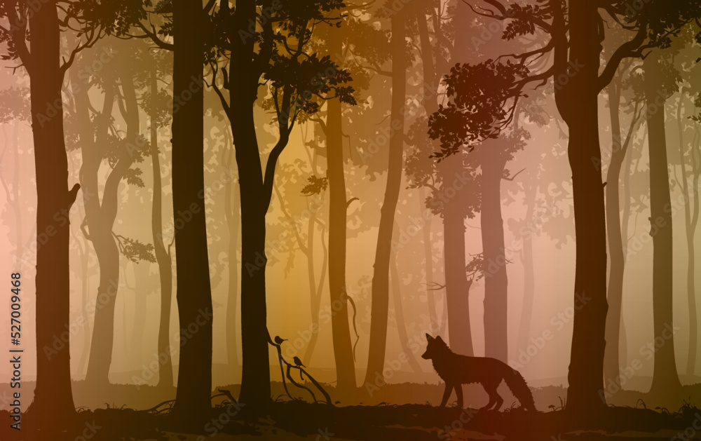 Obraz premium Vector background with fox and birds in the forest. The illustration is seamless horizontally. 