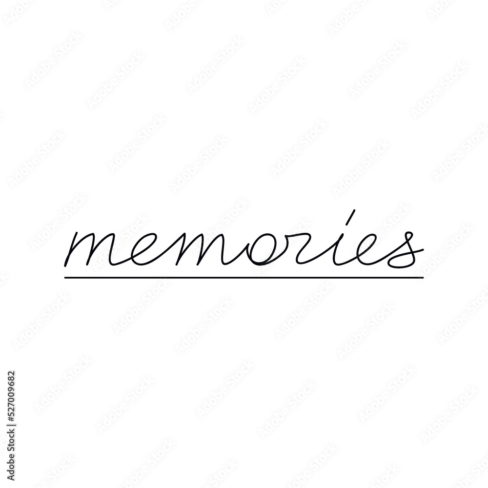 Handwritten word Memories isolated on white. One line continuous phrase vector. Modern calligraphy slogan, text design element for print, banner, wall art poster, card, brochure. Handwritten word Memories isolated on white. One line continuous phrase vector. Modern calligraphy slogan, text design element for print, banner, wall art poster, card, brochure.