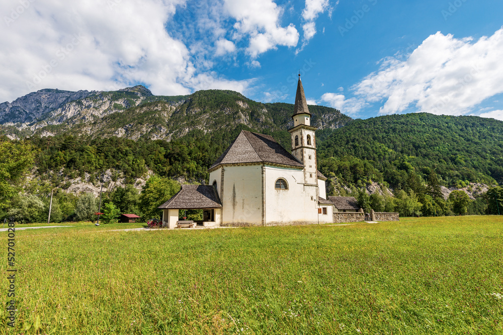 Church of Saint Gottardo (Chiesa di San Gottardo), XV century, Bagni di Lusnizza village, Malborghetto-Valbruna municipality, Udine province, Friuli-Venezia Giulia, Italy, Carnic Alps, Europe.