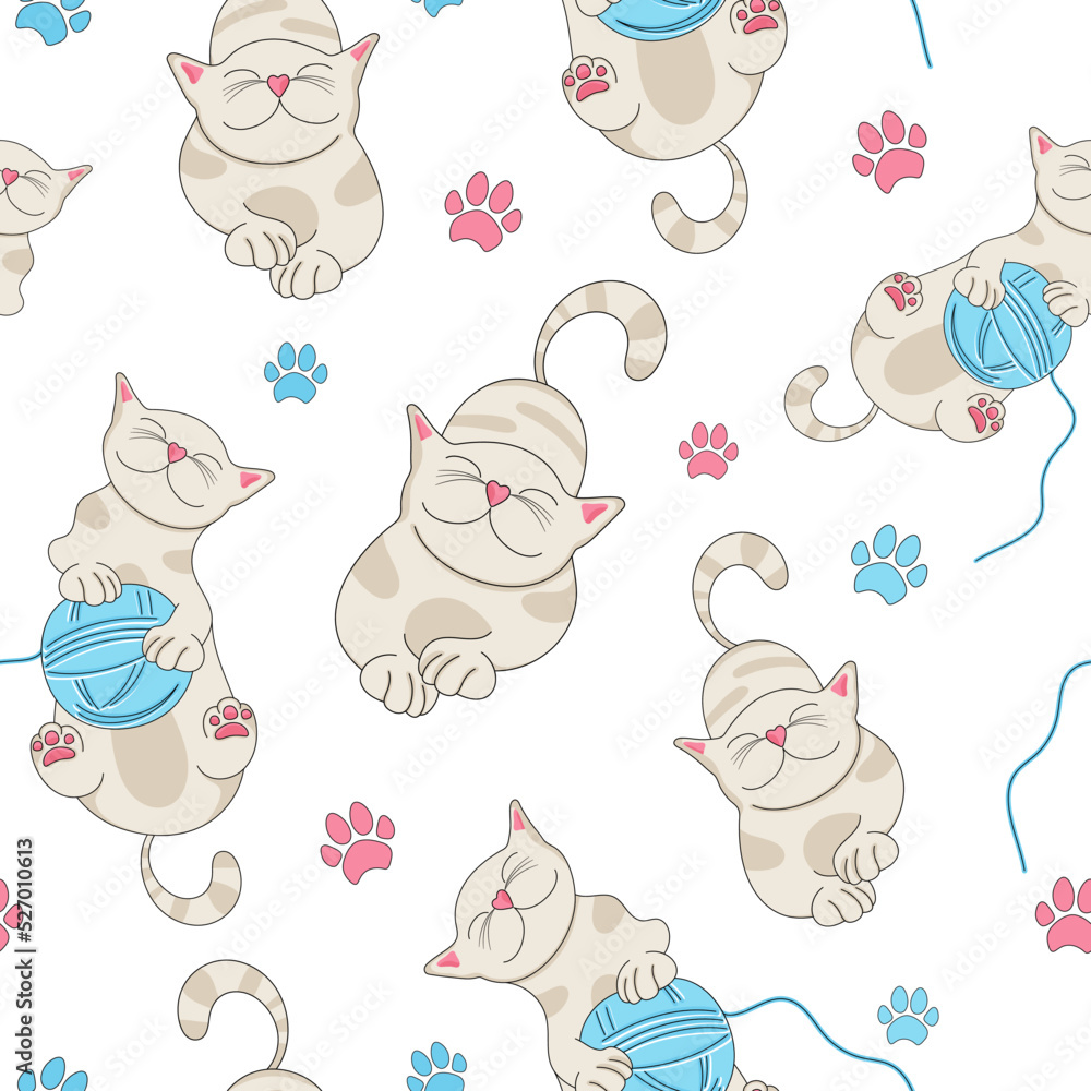 Obraz premium Cat seamless pattern. Graphic design for children. Fairy tale cartoon cat. Caricature. Ball of yarn and paw. Print, packaging template, textile, bedding and wallpaper.
