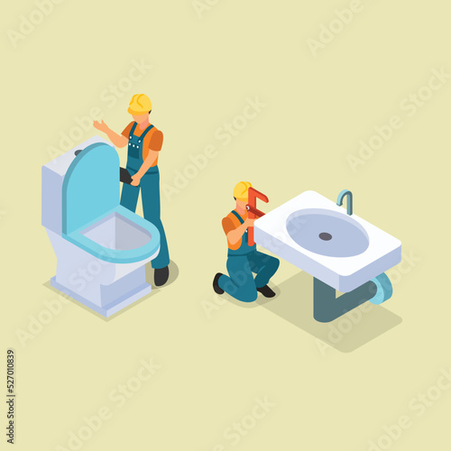 Professional plumbers service isometric 3d vector illustration concept for banner, website, illustration, landing page, flyer, etc.
