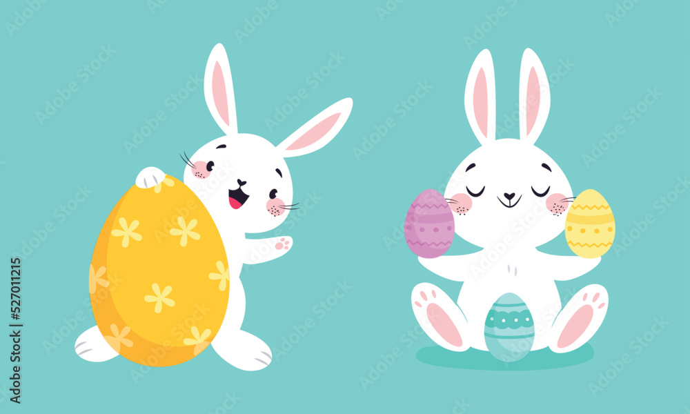 White Easter Bunny with Colorful Egg Sitting on Blue Background Vector Set