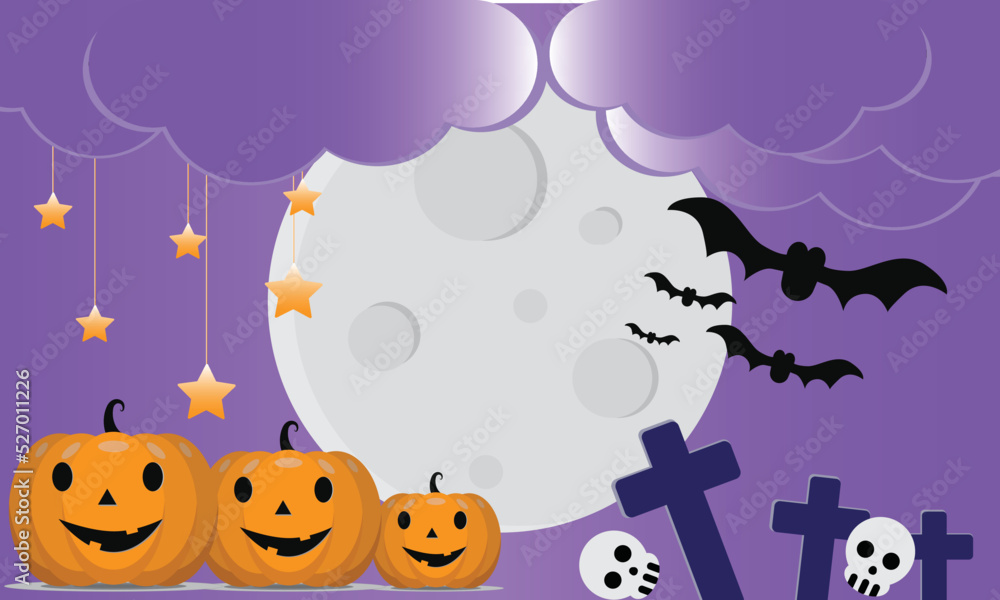 Happy Halloween banner or party invitation background with clouds, bats and pumpkins in paper cut style. Vector illustration. Full moon in orange sky, spiders web. Place for text Happy Halloween banner or party invitation background with clouds, bats and pumpkins in paper cut style. Vector illustration. Full moon in orange sky, spiders web. Place for text