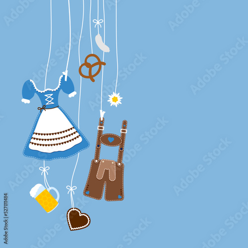 Links Hängende Oktoberfest Symbole Blau Braun Blauer Hintergrund