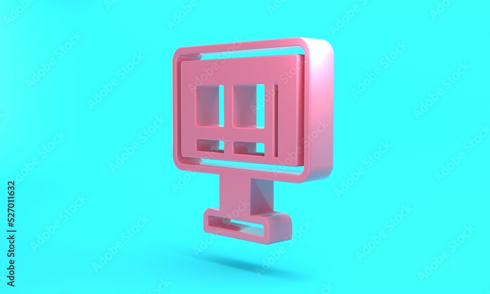 Pink Online shopping on screen icon isolated on turquoise blue background. Concept e-commerce, e-business, online business marketing. Minimalism concept. 3D render illustration Pink Online shopping on screen icon isolated on turquoise blue background. Concept e-commerce, e-business, online business marketing. Minimalism concept. 3D render illustration