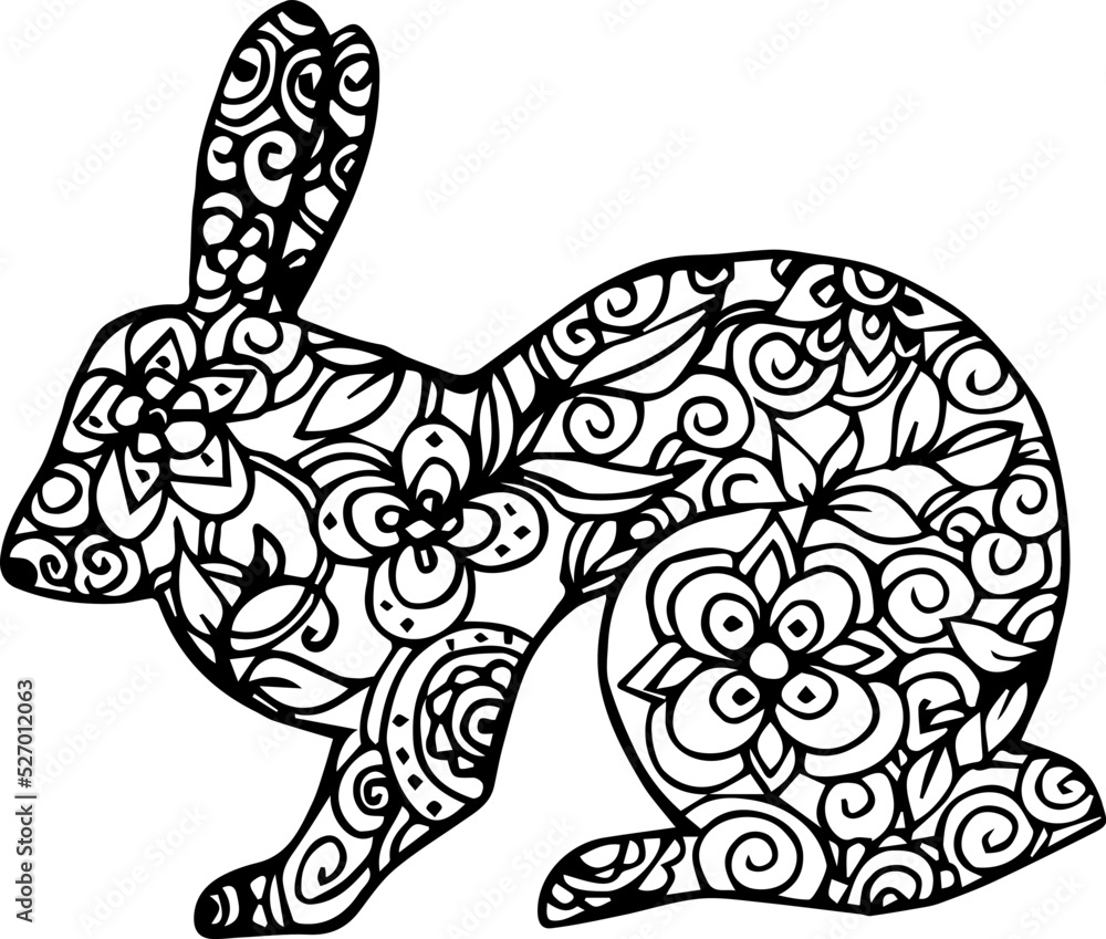 Drawn patterned crawl. Rabbit mandala. Floral pattern. India. Mandala. Morocco. East style. Mandala animals. Logo. Tattoo. Artistic drawing of a rabbit. Drawn patterned crawl. Rabbit mandala. Floral pattern. India. Mandala. Morocco. East style. Mandala animals. Logo. Tattoo. Artistic drawing of a rabbit.