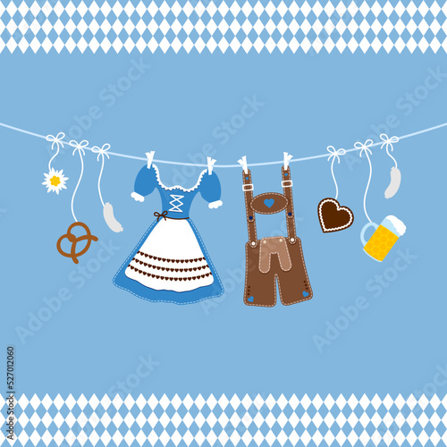 Horizontal Hängende Oktoberfest Symbole Blau Braun Bordüre Rautenmuster Blauer Hintergrund