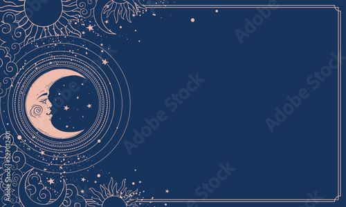 Magical boho banner for yoga with copy space. Moon with moon on blue vintage background, space for text. Vector celestial illustration for tarot, astrology, zodiac, esoteric.