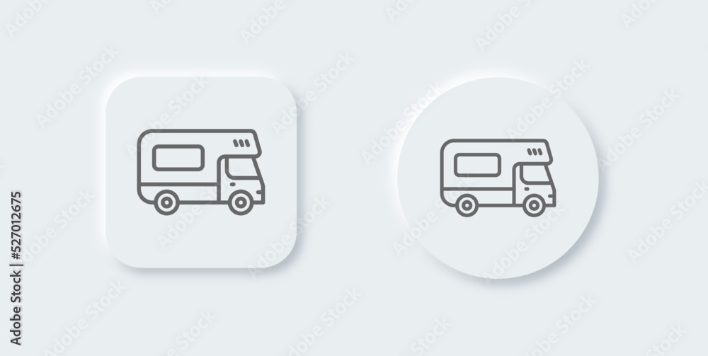 Camper van line icon in neomorphic design style. Recreational vehicles signs vector illustration.