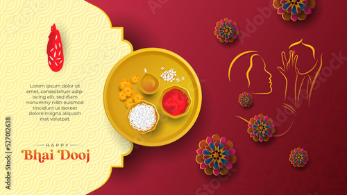 Happy Bhai Dooj Greeting Template with Decorative Ornaments, Bhai Tika, Indian Religious Festival Bhai Dooj Wishes Background