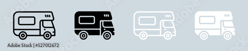 Camper van icon set in black and white. Recreational vehicles signs vector illustration.