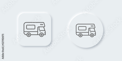 Camper van line icon in neomorphic design style. Recreational vehicles signs vector illustration.