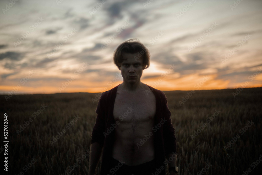 silhouette of a sexy muscular man at sunset in a field, a long-haired handsome man with a naked torso in nature. The concept of a romantic single man. silhouette of a sexy muscular man at sunset in a field, a long-haired handsome man with a naked torso in nature. The concept of a romantic single man.