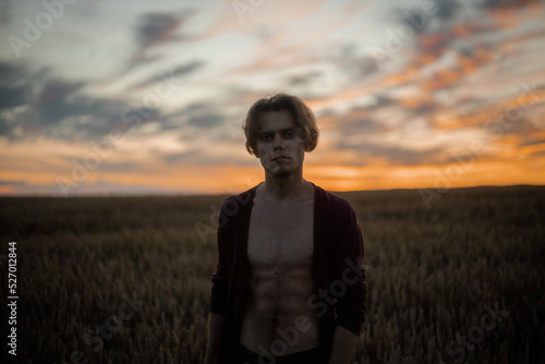 silhouette of a sexy muscular man at sunset in a field, a long-haired handsome man with a naked torso in nature. The concept of a romantic single man. © velimir