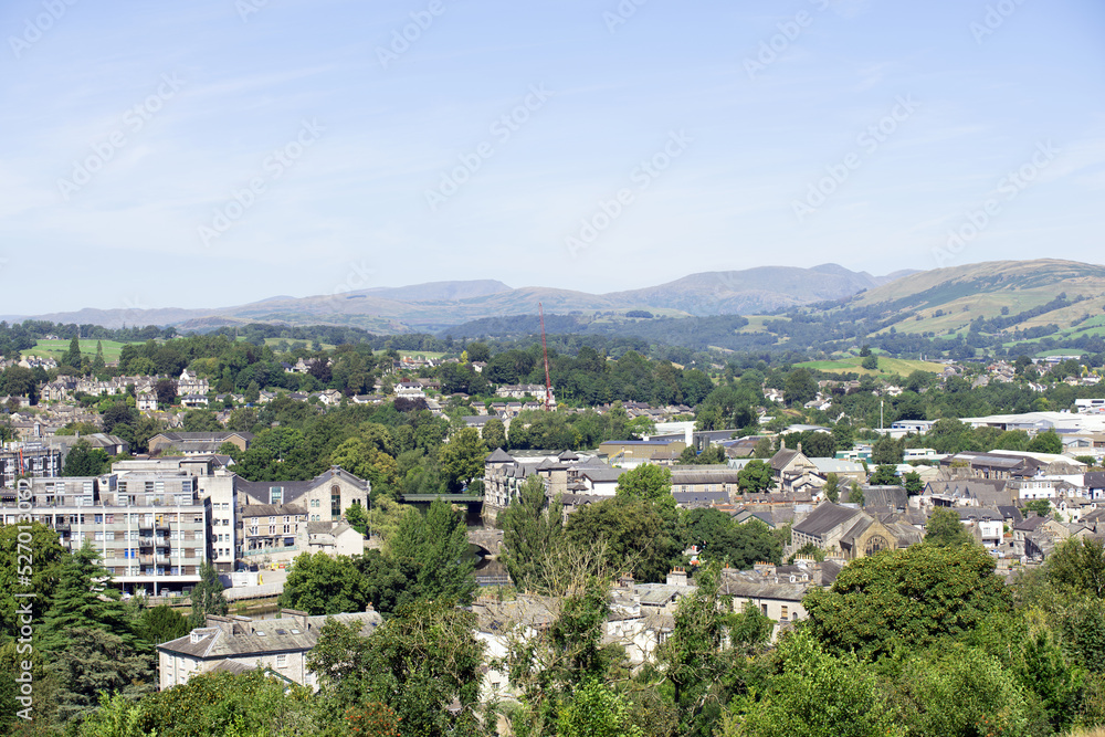 Aerial view of the town of Kendal, from Kendal Castle.