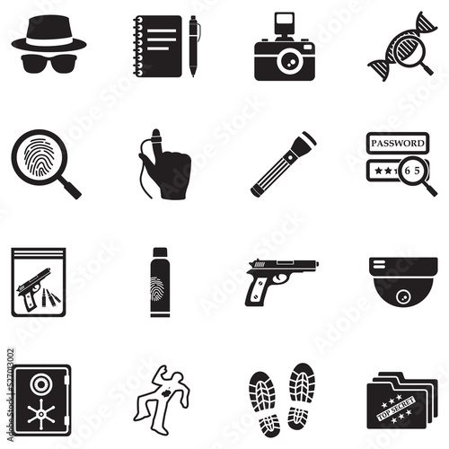 Private Detective Icons. Black Flat Design. Vector Illustration.