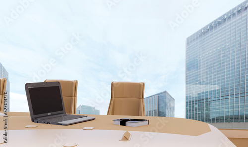 Conference office interior, laptop, notepad and pen. Business and technology concept. 3d illustration.