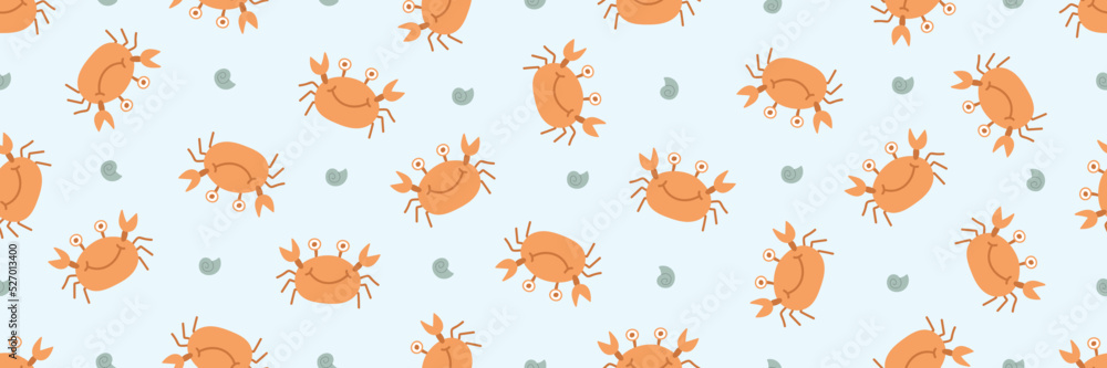 Crab and shell sea life ocean cartoon doodle pattern