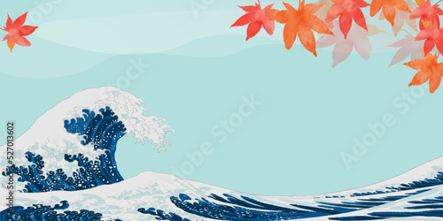 北斎の浮世絵風の波とモミジの秋の背景イラストバナー