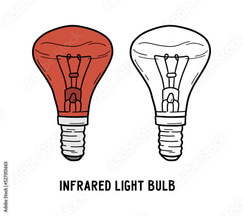 Infrared light bulb, red incandescent lamp icon vector linear illustration in doodle sketch hand drawn style